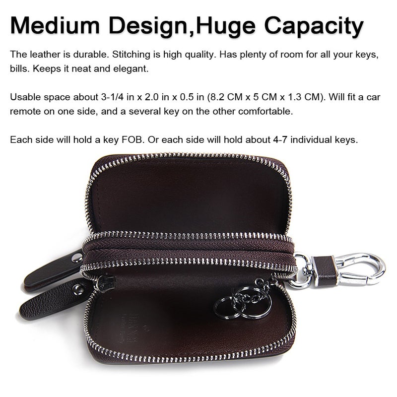 Contacts Leather Car Key Case, Mens Key Chain Hooks Pocket with Keyring Zipper Key Fob Organizer for Men Women - Image 2